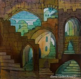 Uzdenikova Elena. Jerusalem from series Labyrinth of the old city ( 35x35 см / шелк / батик / 2015 г. )