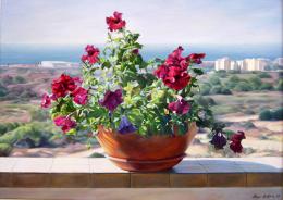 Bukhin Maya. Flowers on the balcony (Ashkelon).  ( 70x50 см / холст / масло / 2003 г. )