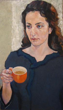 Meshulam Lemkovitch Lubov. Portrait of young woman with cup of tea ( 40x70 см / холст / масло / 2014 г. )